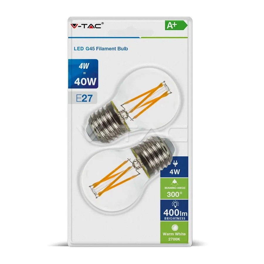 Luminaire VTAC - Pack de 2 ampoules LED G45 E27 4W Lumière jaune